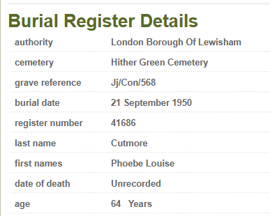 Burial Register Phoebe Cutmore Hither Green Cemetery 1950